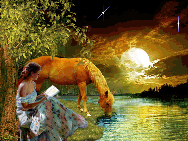 horse and woman at a dreamy lake