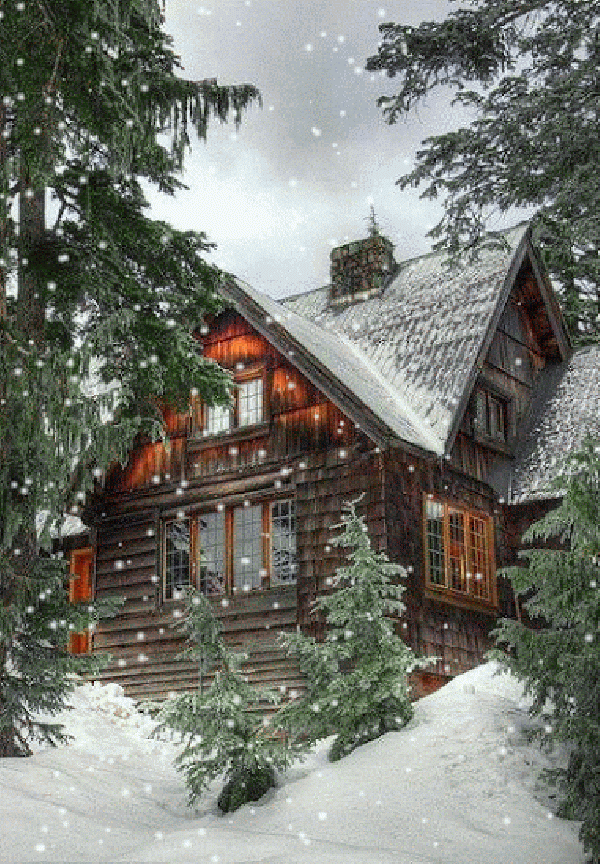 falling snow and house in the woods