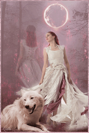 Wolf and Woman in the Forest Under the Moon