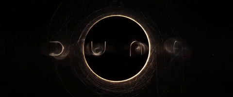 Animated logo of the movie Dune (2021) showing the title with a glowing, mystical circular design against a dark backdrop.