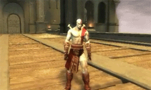 Animated GIF from the video game God of War featuring the character Kratos walking in a virtual environment with ancient architecture.