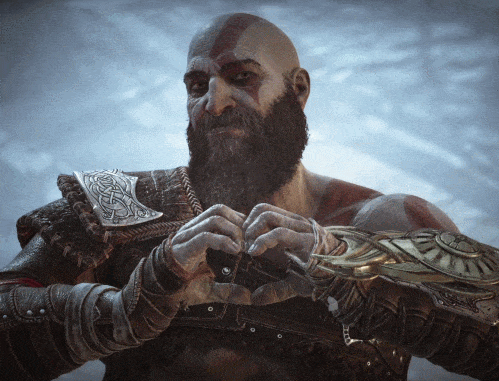 Animated image of Kratos from the video game God of War, staring intensely, with a snowy backdrop.