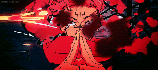 A dynamic animated GIF from Jujutsu Kaisen, showcasing Sukuna in his Malevolent Shrine form, with vibrant red visuals and an intense, foreboding expression.